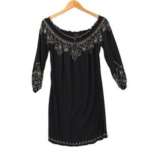 Lucky Brand Tunic Dress Womens S Black Embroidered Boho Western Lightweight